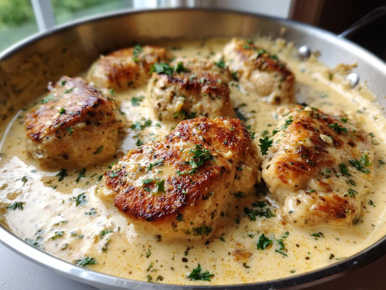 Close-up of seared chicken breasts simmering in a rich, creamy garlic sauce, garnished with parsley.