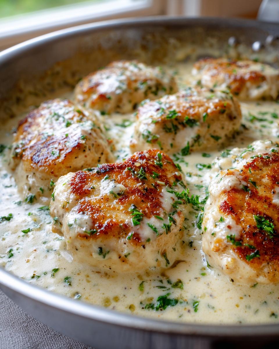 Close-up of golden-brown chicken breasts simmering in a rich, creamy garlic sauce topped with fresh parsley.