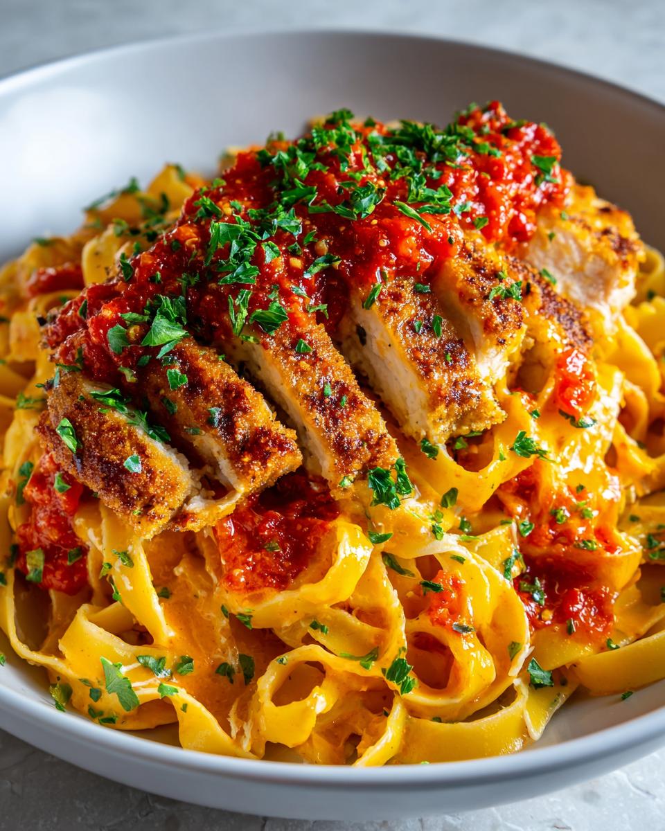 Close-up of creamy garlic chicken parmesan pasta topped with sliced breaded chicken and marinara sauce.