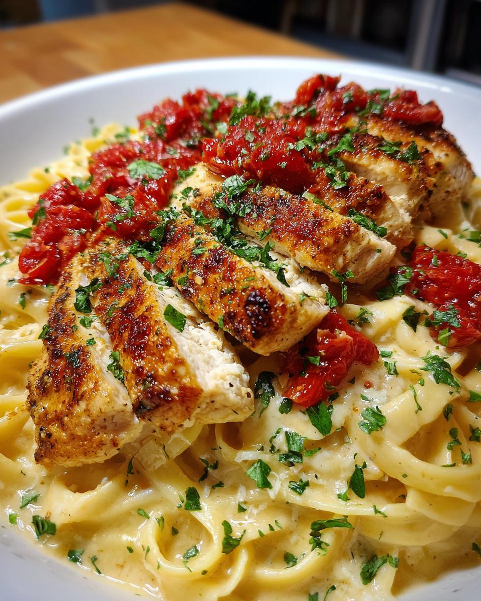 Close-up of creamy garlic chicken parmesan pasta topped with sliced, seasoned chicken and sun-dried tomatoes.