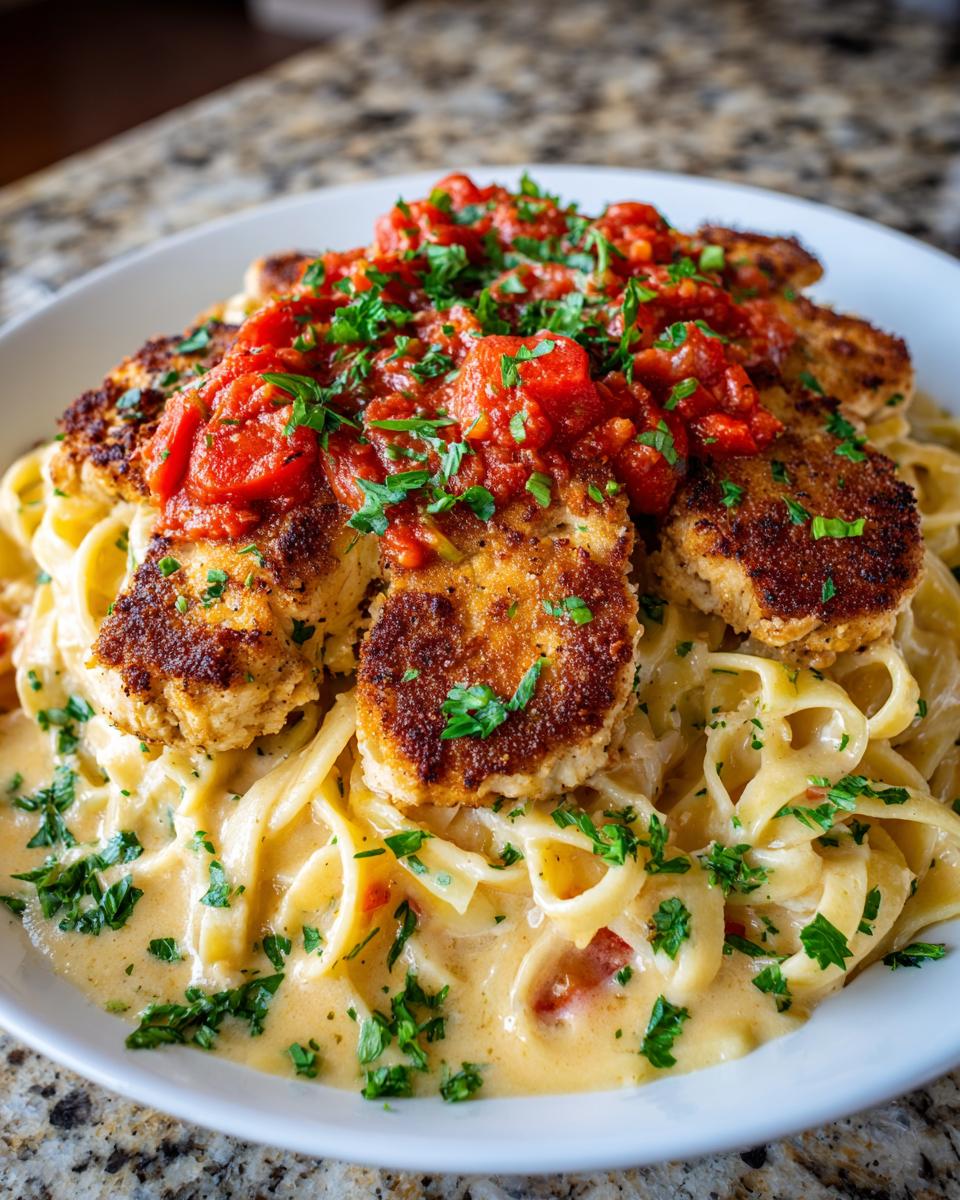 Close-up of creamy garlic chicken parmesan pasta topped with breaded chicken cutlets, chunky tomato sauce, and parsley.
