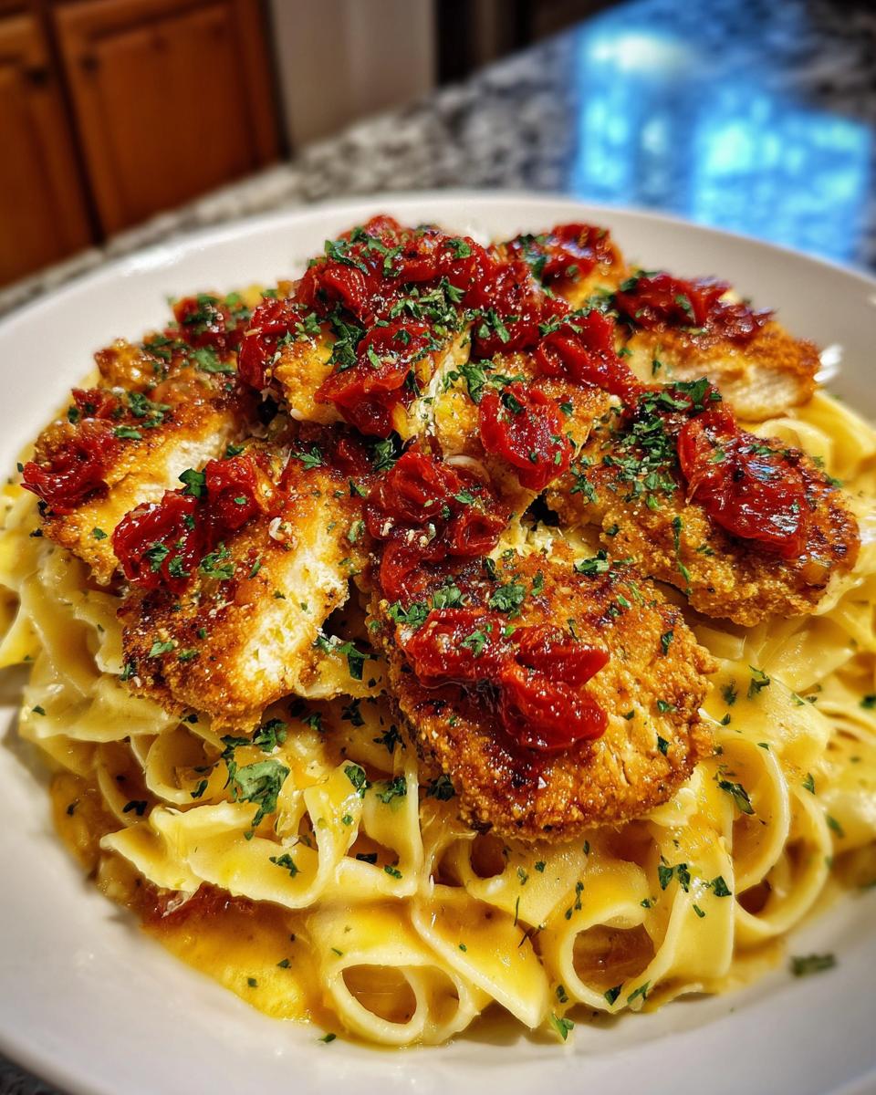 Close-up of creamy garlic chicken parmesan pasta topped with crispy chicken, sun-dried tomatoes, and parsley.