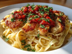 Close-up of creamy garlic chicken parmesan pasta topped with sun-dried tomatoes and parsley.