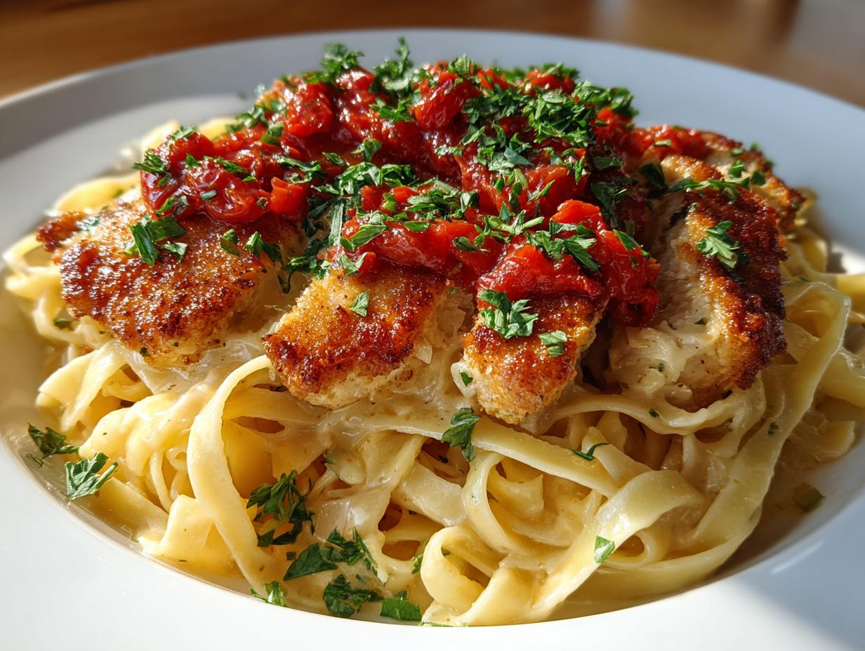 Close-up of creamy garlic chicken parmesan pasta topped with sun-dried tomatoes and parsley.