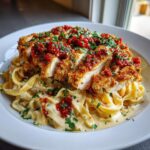 Close-up of creamy garlic chicken parmesan pasta topped with sliced, breaded chicken and sun-dried tomatoes.