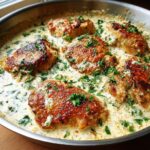 Five golden-brown chicken pieces simmering in a rich, creamy garlic sauce, topped generously with fresh parsley.