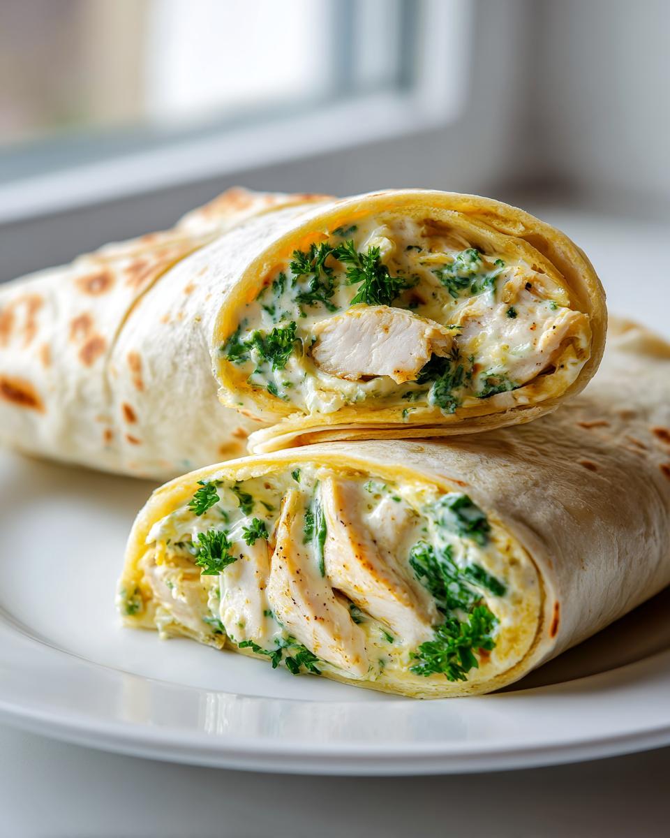 Close-up of creamy garlic chicken wraps cut in half, showing sliced chicken and green herbs in a white sauce.