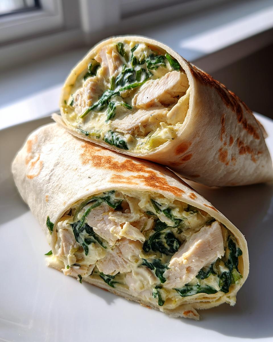 Close-up of creamy garlic chicken wraps cut in half, showing chicken, spinach, and creamy sauce filling.