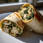 Two halves of a creamy garlic chicken wraps showing chunks of white chicken and green spinach filling inside a toasted tortilla.