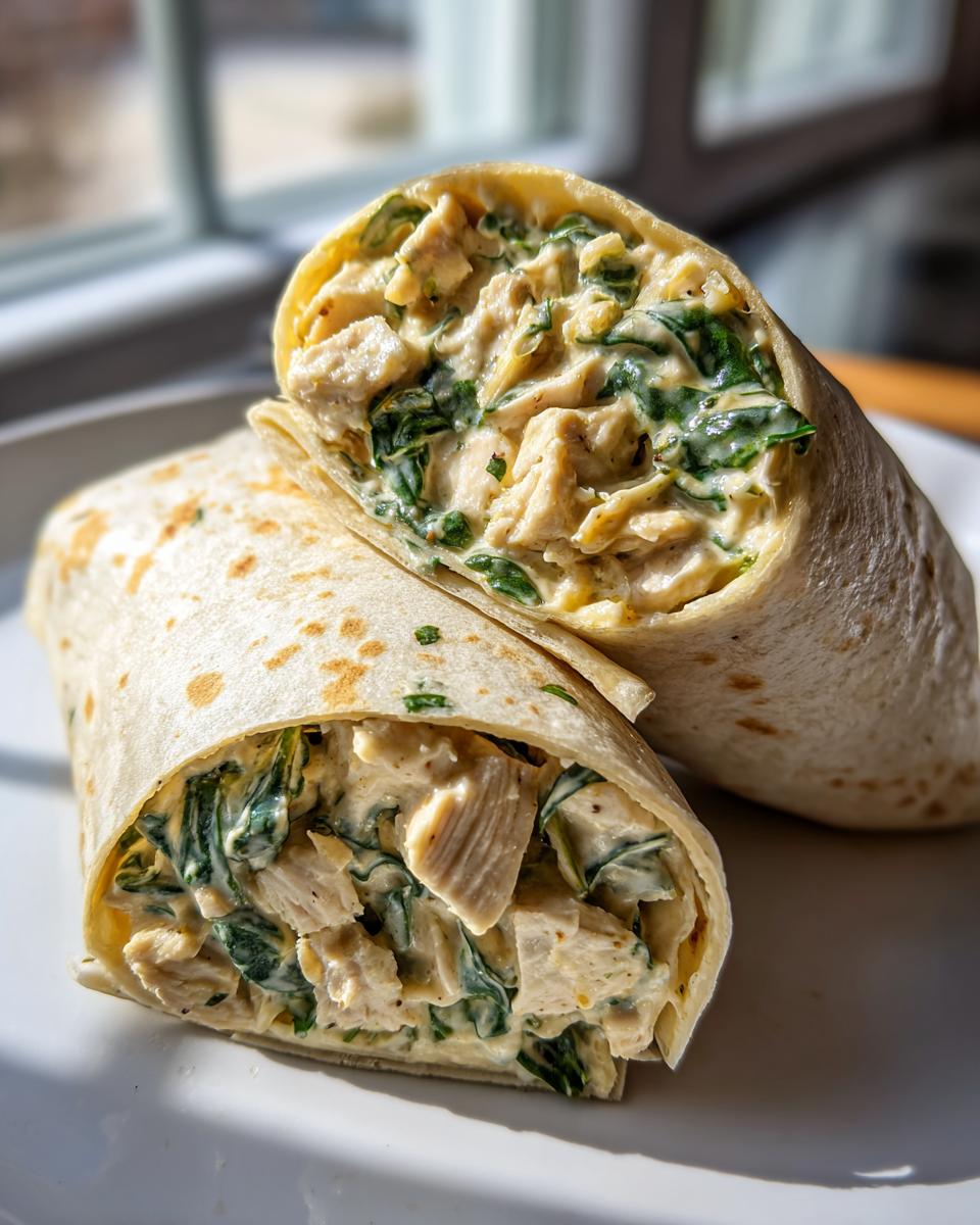 Close-up of creamy garlic chicken wraps cut in half, showing chunks of chicken and spinach in a creamy sauce.