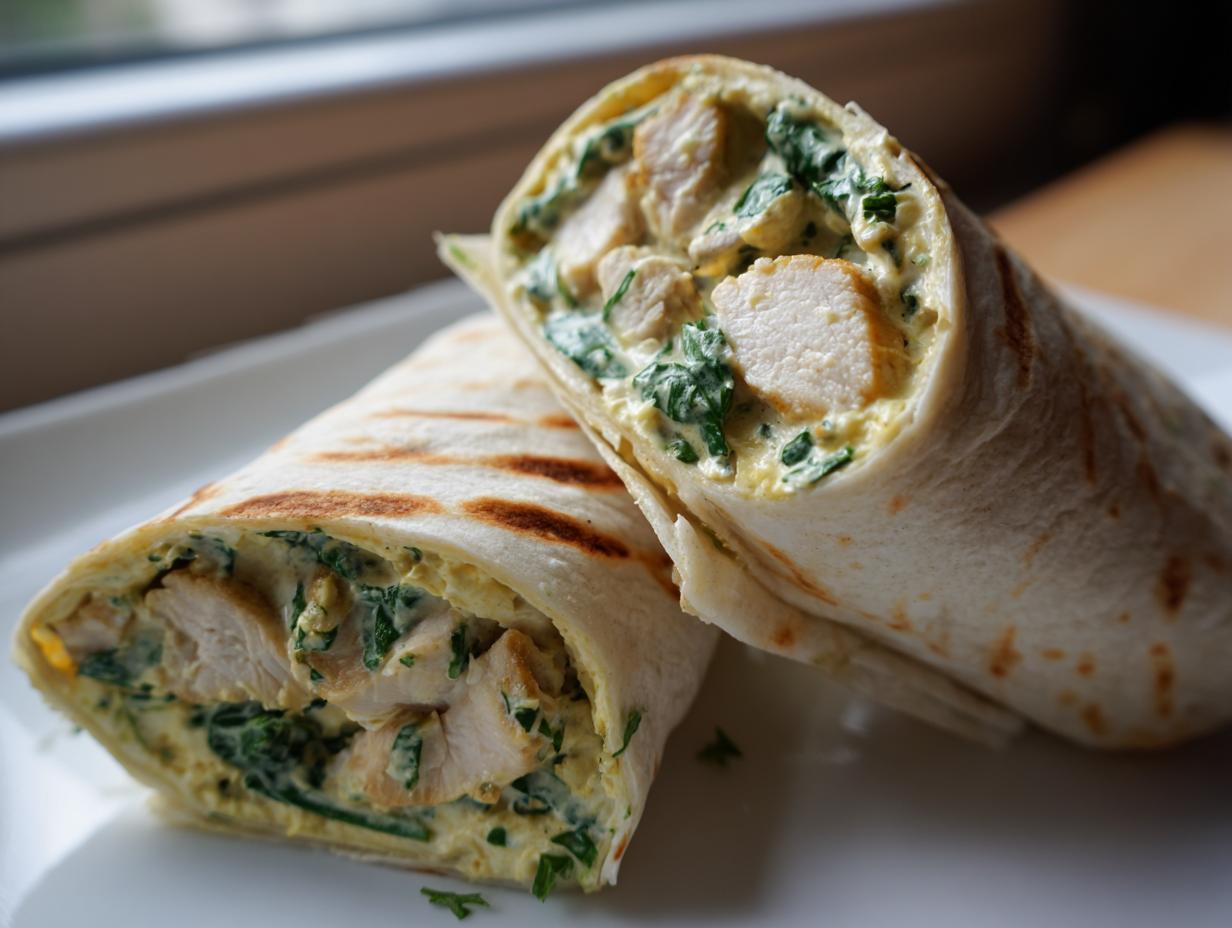Two halves of a grilled wrap filled with chicken chunks, spinach, and creamy garlic sauce, showcasing the creamy garlic chicken wraps filling.
