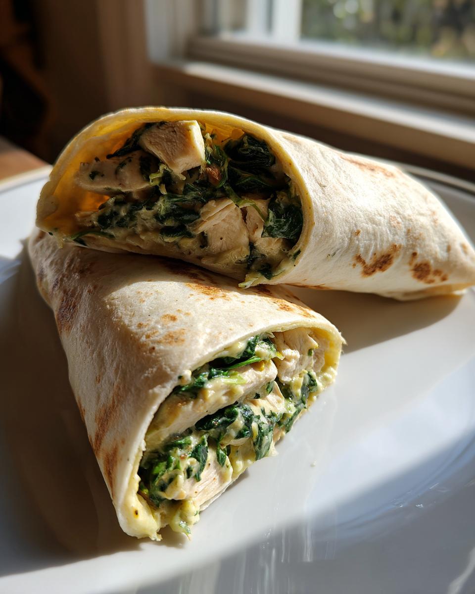 Two halves of a creamy garlic chicken wrap, showing chunks of chicken and spinach in a creamy sauce inside a toasted tortilla.
