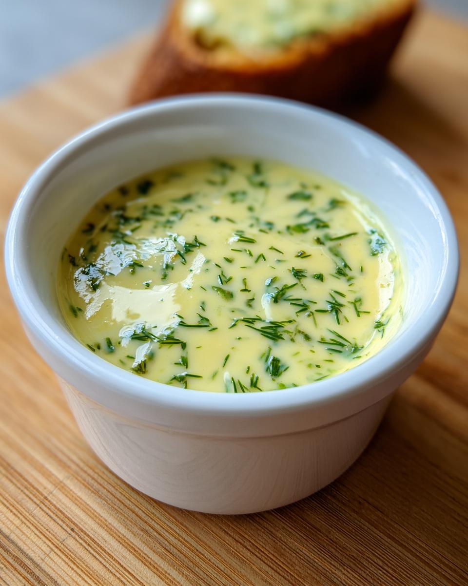 Close-up of a creamy, yellow sauce flecked with fresh green herbs, likely for salmon wellington sauce, served in a white ramekin.