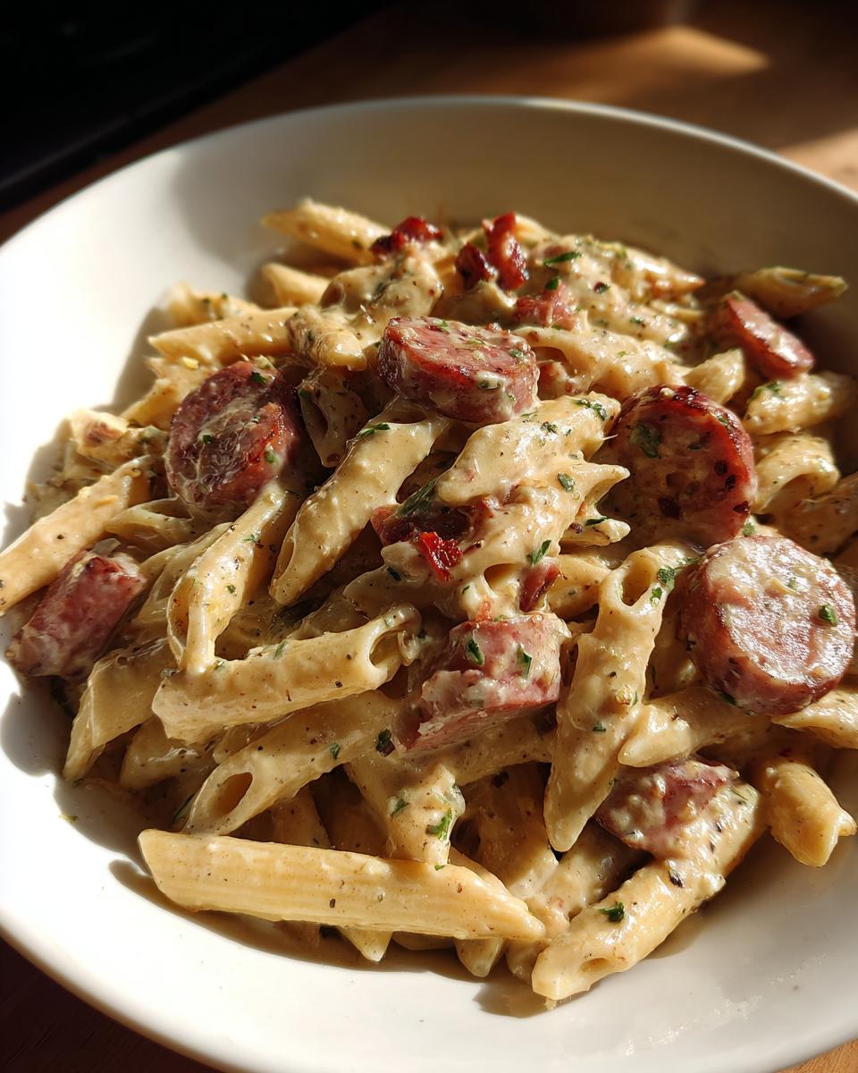 Close-up of creamy kielbasa pasta featuring penne noodles and sliced smoked sausage in a white bowl.