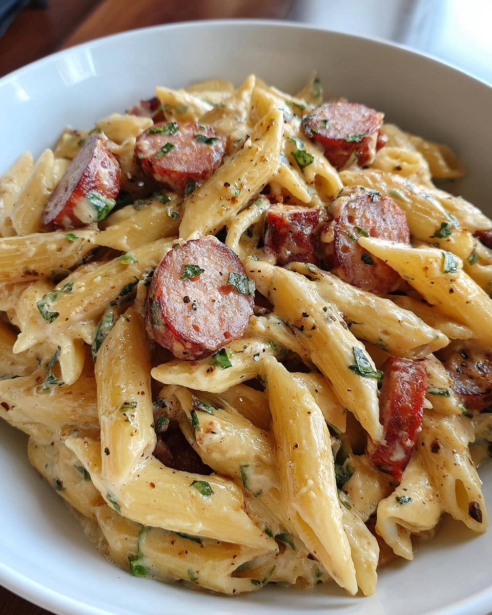 Close-up of creamy penne pasta mixed with sliced, browned kielbasa and sprinkled with herbs.