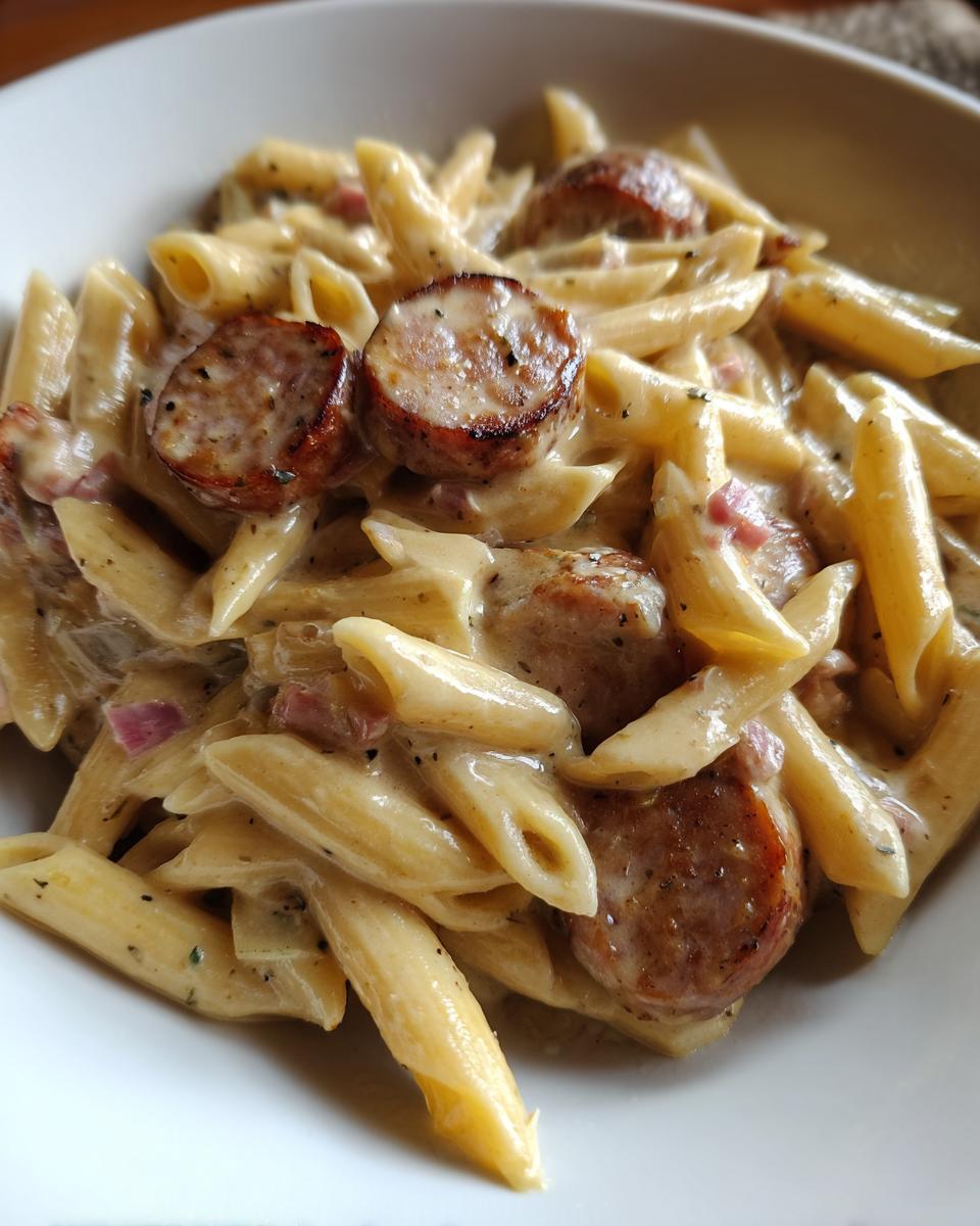 Close-up of creamy kielbasa pasta featuring penne noodles and sliced, seared kielbasa sausage.