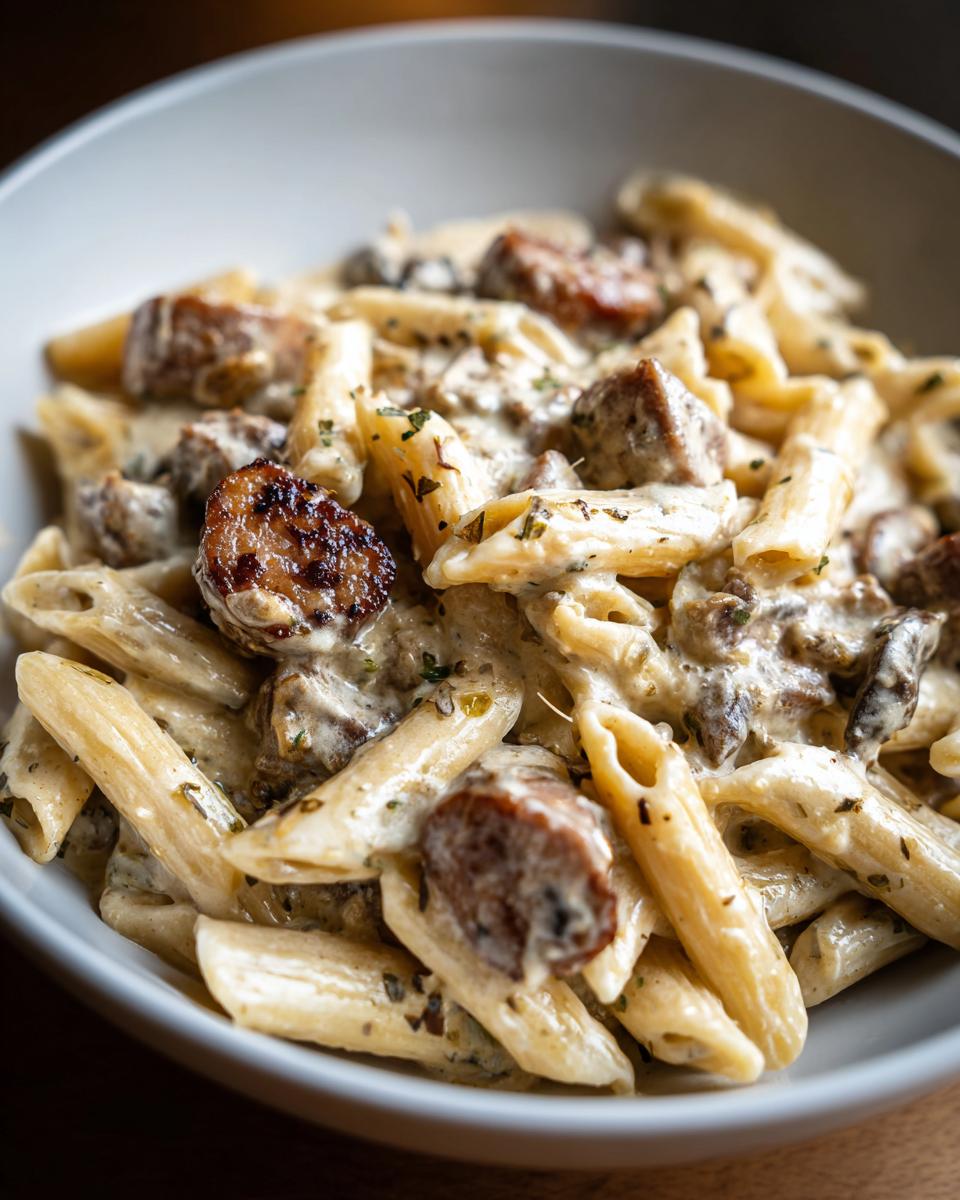 Close-up of creamy kielbasa pasta featuring penne noodles and browned sausage pieces in a rich sauce.