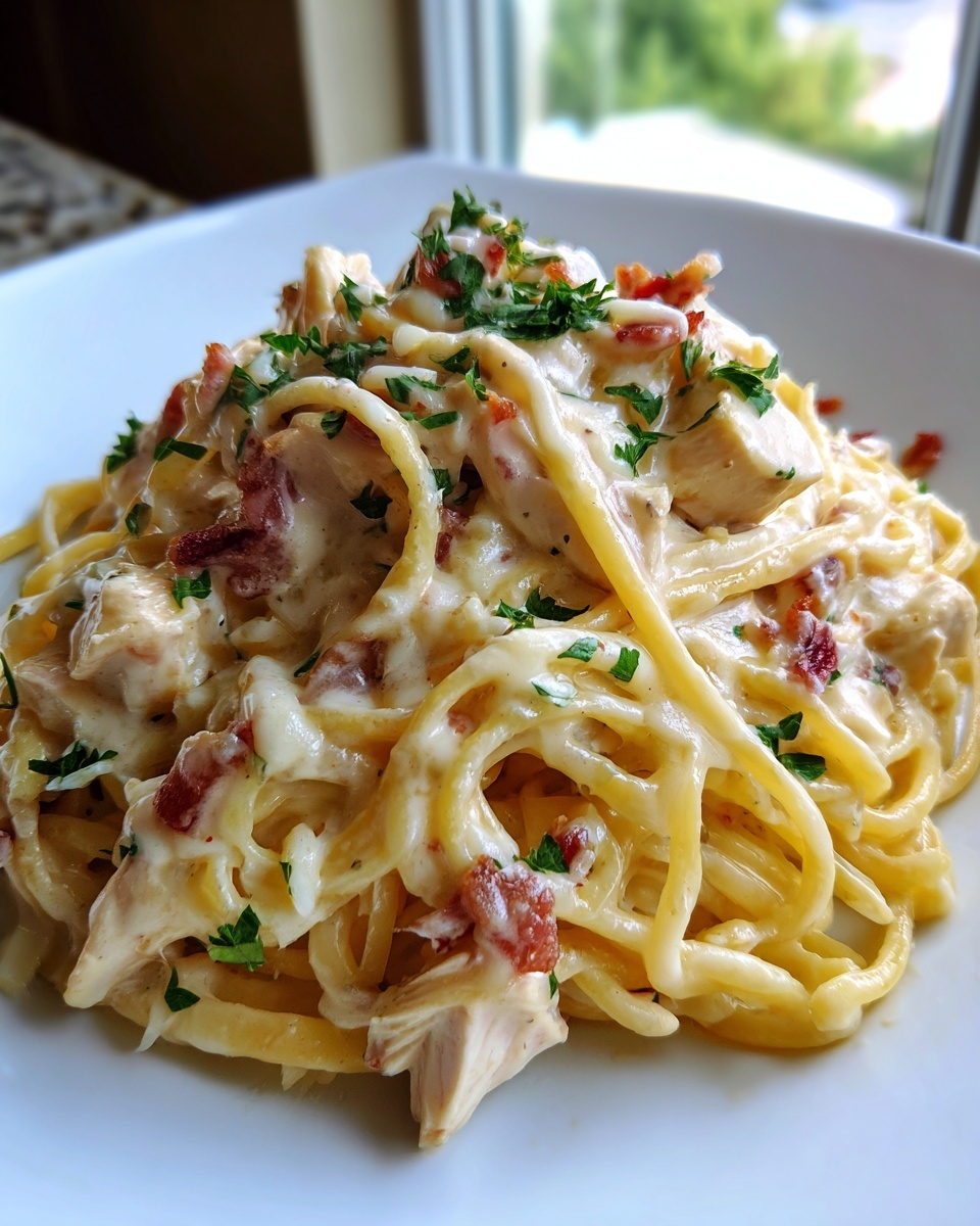 A close-up of creamy monterey chicken spaghetti tossed with bacon bits and topped with fresh parsley.