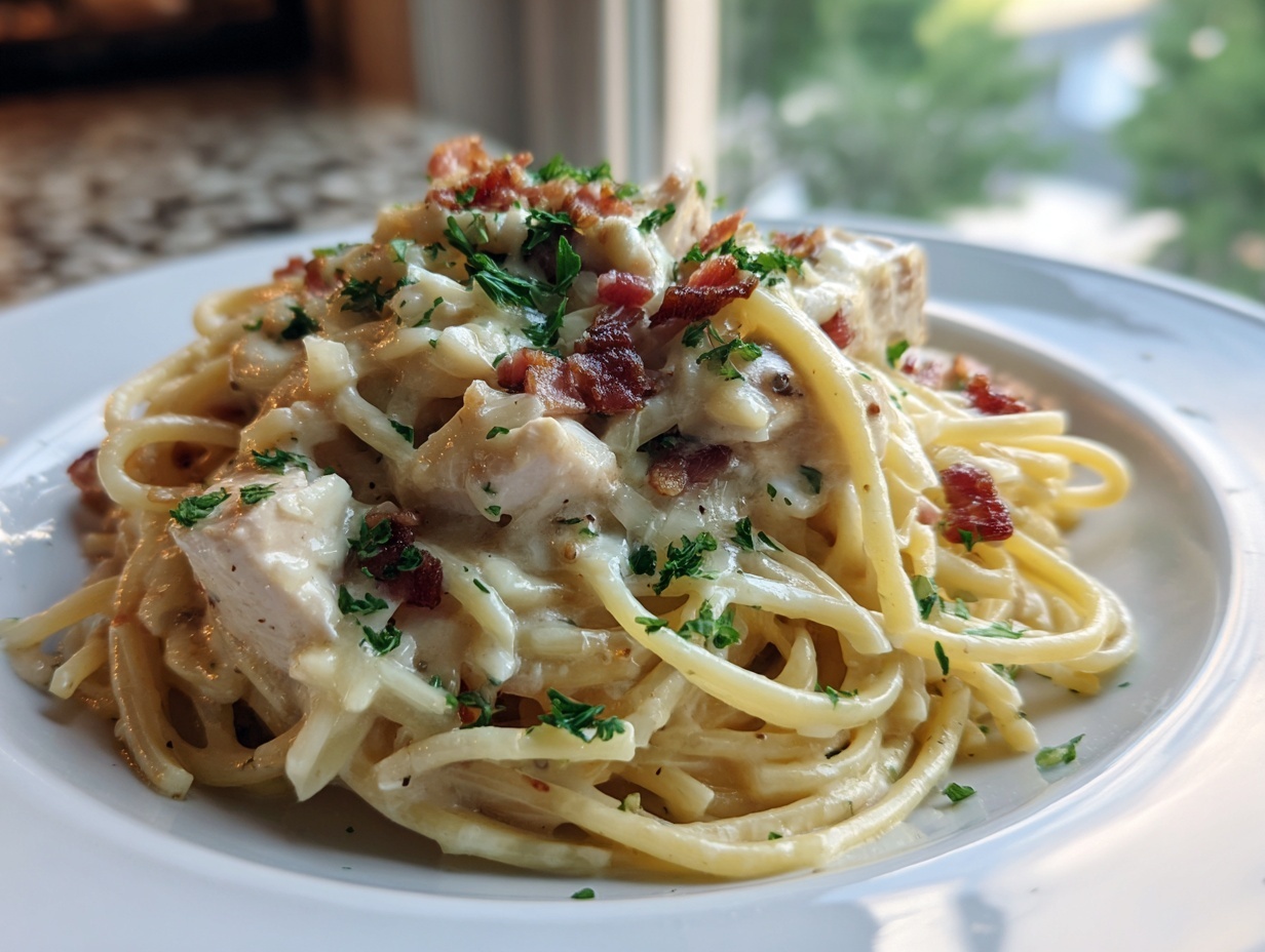 A close-up of creamy monterey chicken spaghetti topped with crispy bacon bits and fresh parsley.