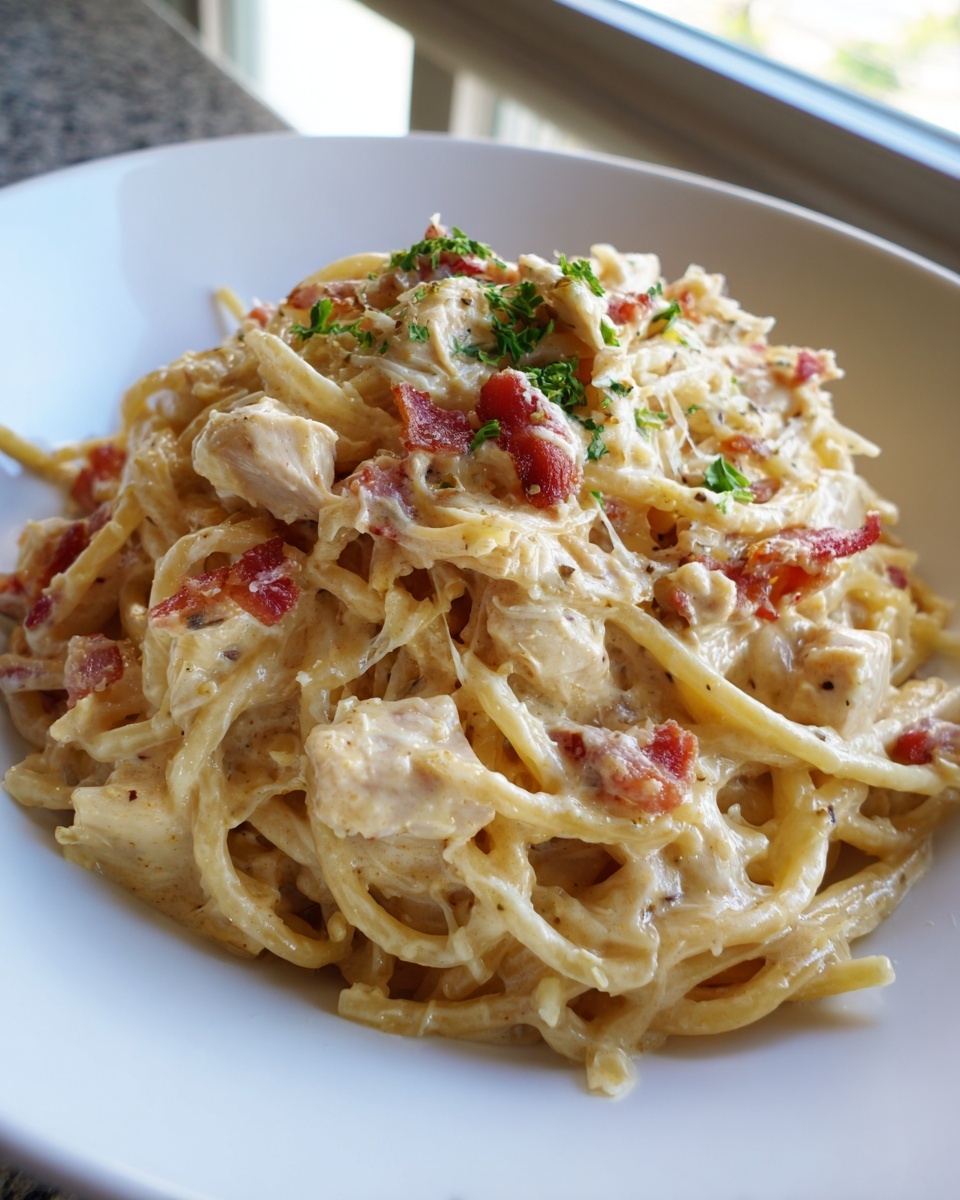 A close-up of creamy monterey chicken spaghetti mixed with bacon bits and topped with parsley.