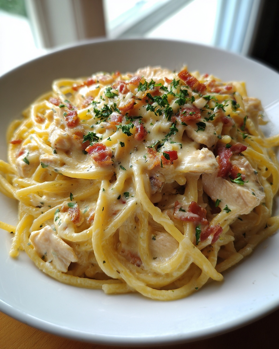 A close-up of creamy Monterey chicken spaghetti topped with bacon bits and fresh parsley.