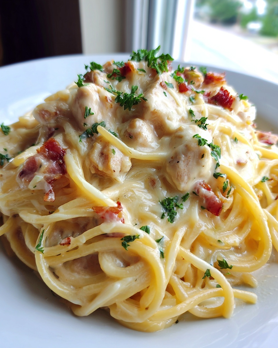 Close-up of creamy monterey chicken spaghetti topped with bacon bits and fresh parsley.