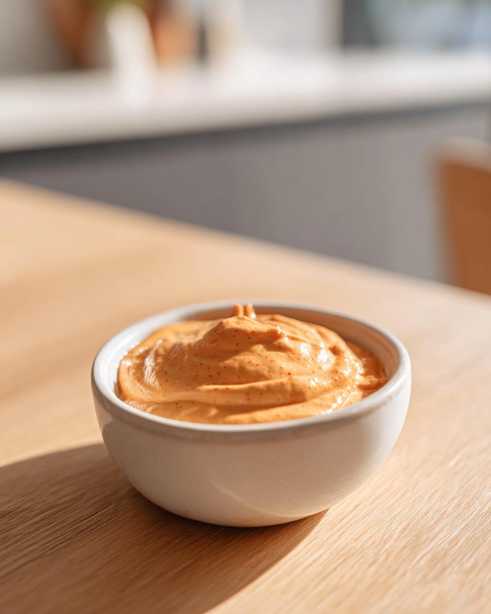 A small white bowl filled with a creamy, orange-colored dip for sweet potato fries, sitting on a wooden table.