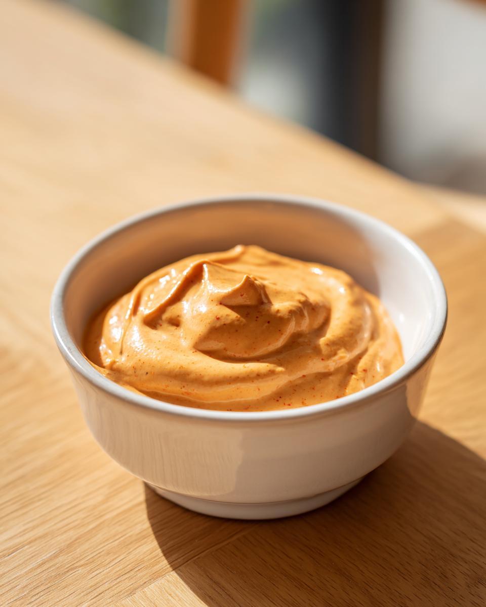 Close-up of a creamy, orange-colored dip for sweet potato fries in a small white bowl.