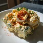 A serving of creamy potato salad mixed with celery, topped with sliced hard-boiled egg and paprika.