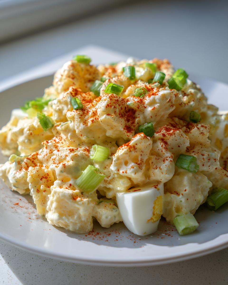 A close-up of creamy potato salad topped with chopped green onions and a dusting of paprika, served on a white plate.