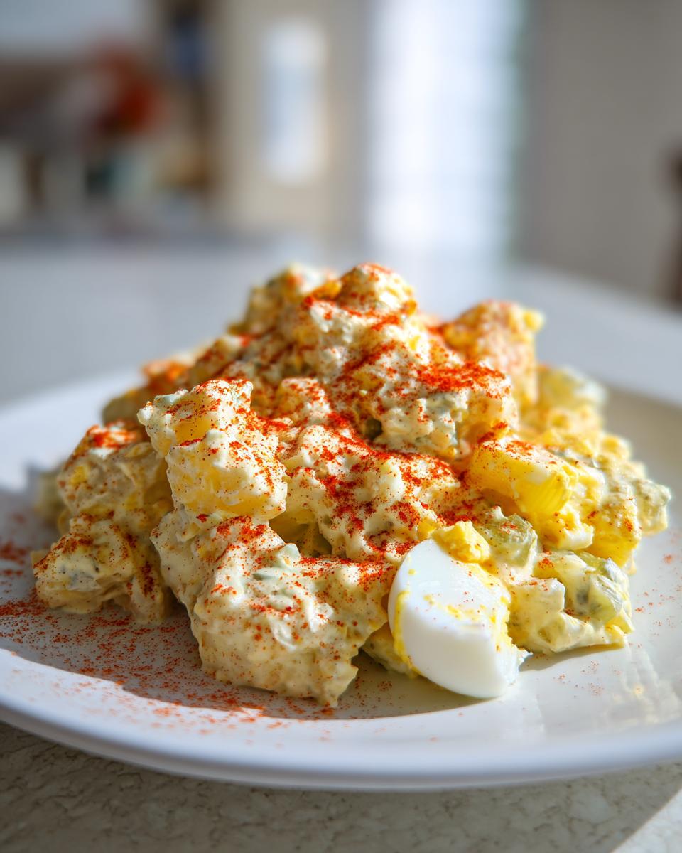 A mound of creamy potato salad, garnished with bright red paprika and a wedge of hard-boiled egg.