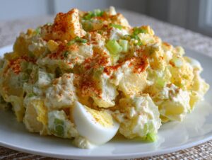 A mound of creamy potato salad, topped with paprika and chopped green onions, featuring a slice of hard-boiled egg.