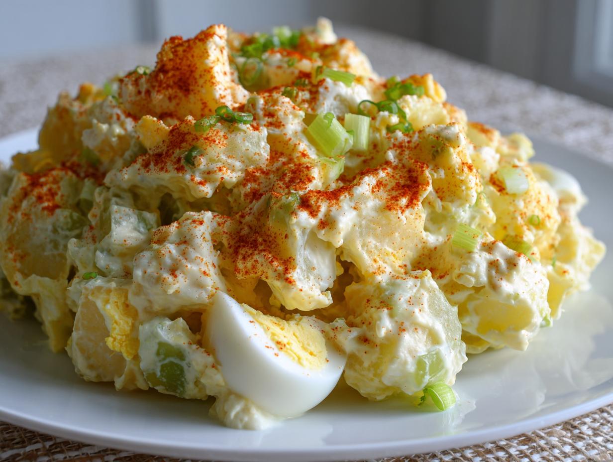 A mound of creamy potato salad, topped with paprika and chopped green onions, featuring a slice of hard-boiled egg.