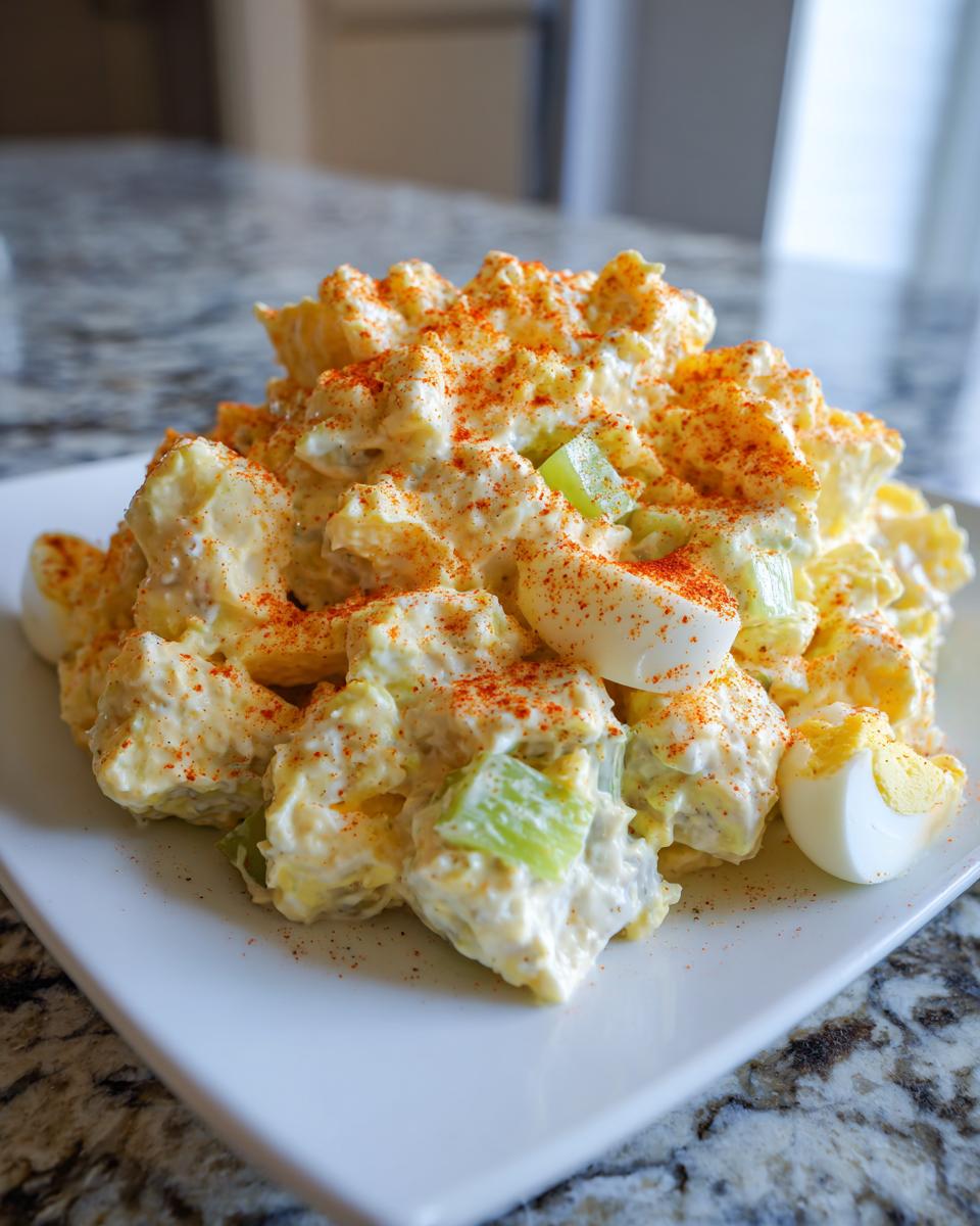 A mound of creamy potato salad mixed with celery and topped with sliced hard-boiled eggs and paprika.