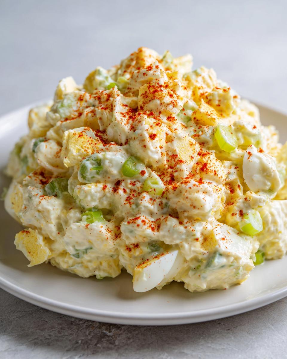 A mound of creamy potato salad mixed with celery and hard-boiled eggs, generously sprinkled with paprika.