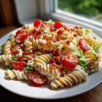 A close-up of creamy ranch blt pasta salad featuring rotini pasta, bacon bits, halved cherry tomatoes, and lettuce.