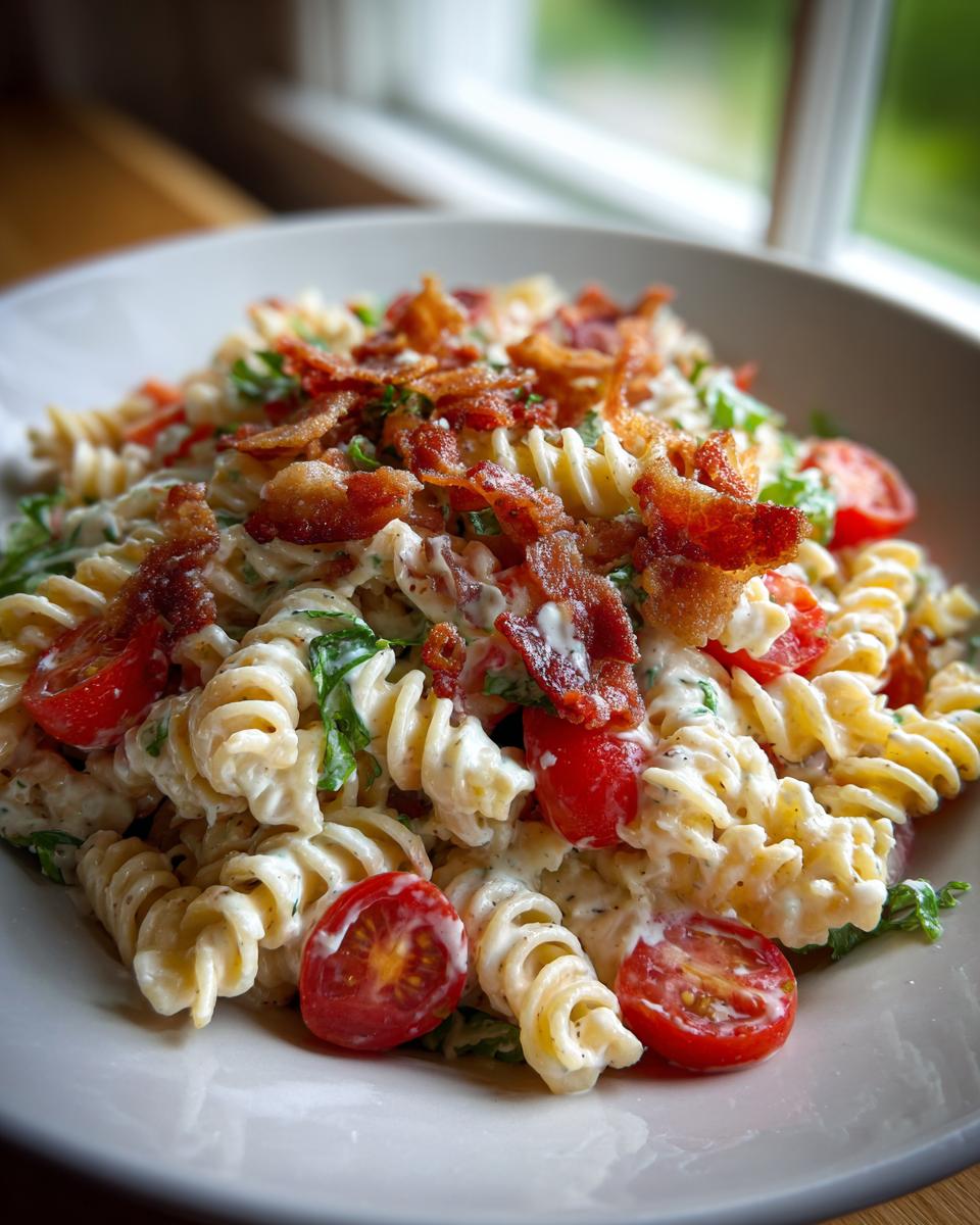 A close-up of a bowl of ranch blt pasta salad featuring rotini pasta coated in creamy dressing, cherry tomatoes, and crispy bacon bits.