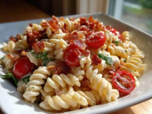 Close-up of creamy ranch blt pasta salad featuring rotini pasta, crispy bacon crumbles, and halved cherry tomatoes.