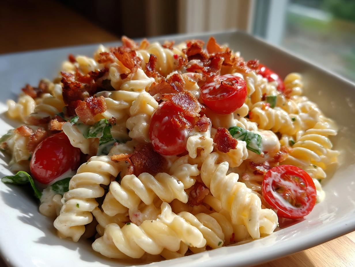 Close-up of creamy ranch blt pasta salad featuring rotini pasta, crispy bacon crumbles, and halved cherry tomatoes.