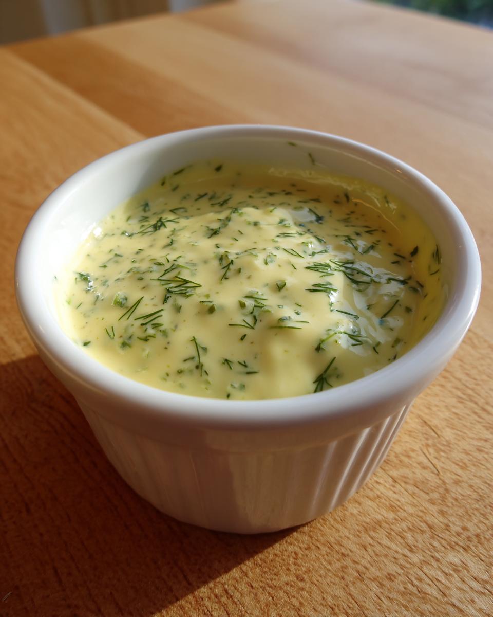 Close-up of a creamy, pale yellow salmon wellington sauce speckled with finely chopped green herbs, likely dill.