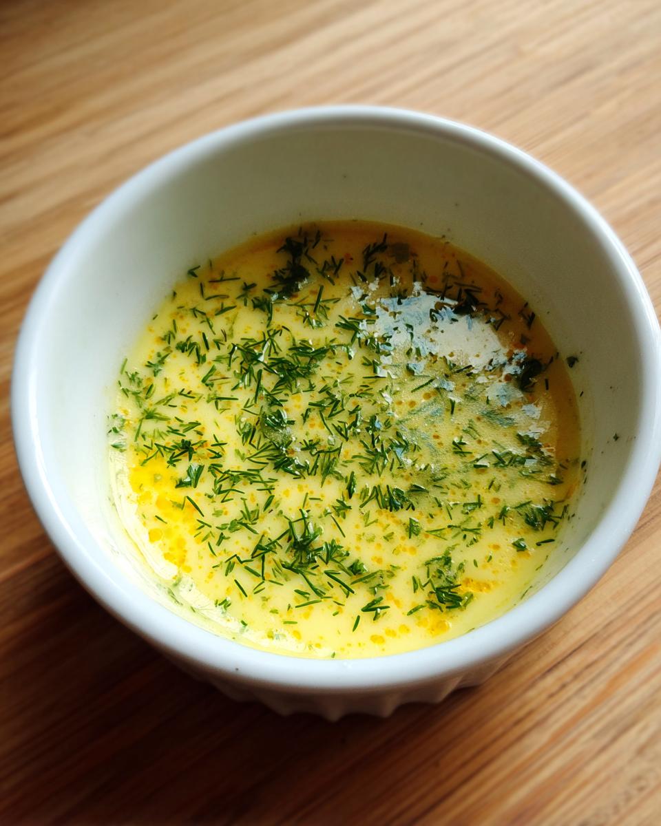 Close-up of a rich, yellow salmon wellington sauce topped generously with fresh chopped dill.