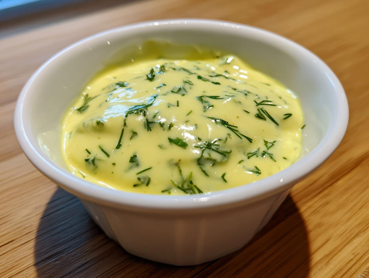 Close-up of a small white bowl filled with creamy, yellow salmon wellington sauce garnished generously with fresh green dill.