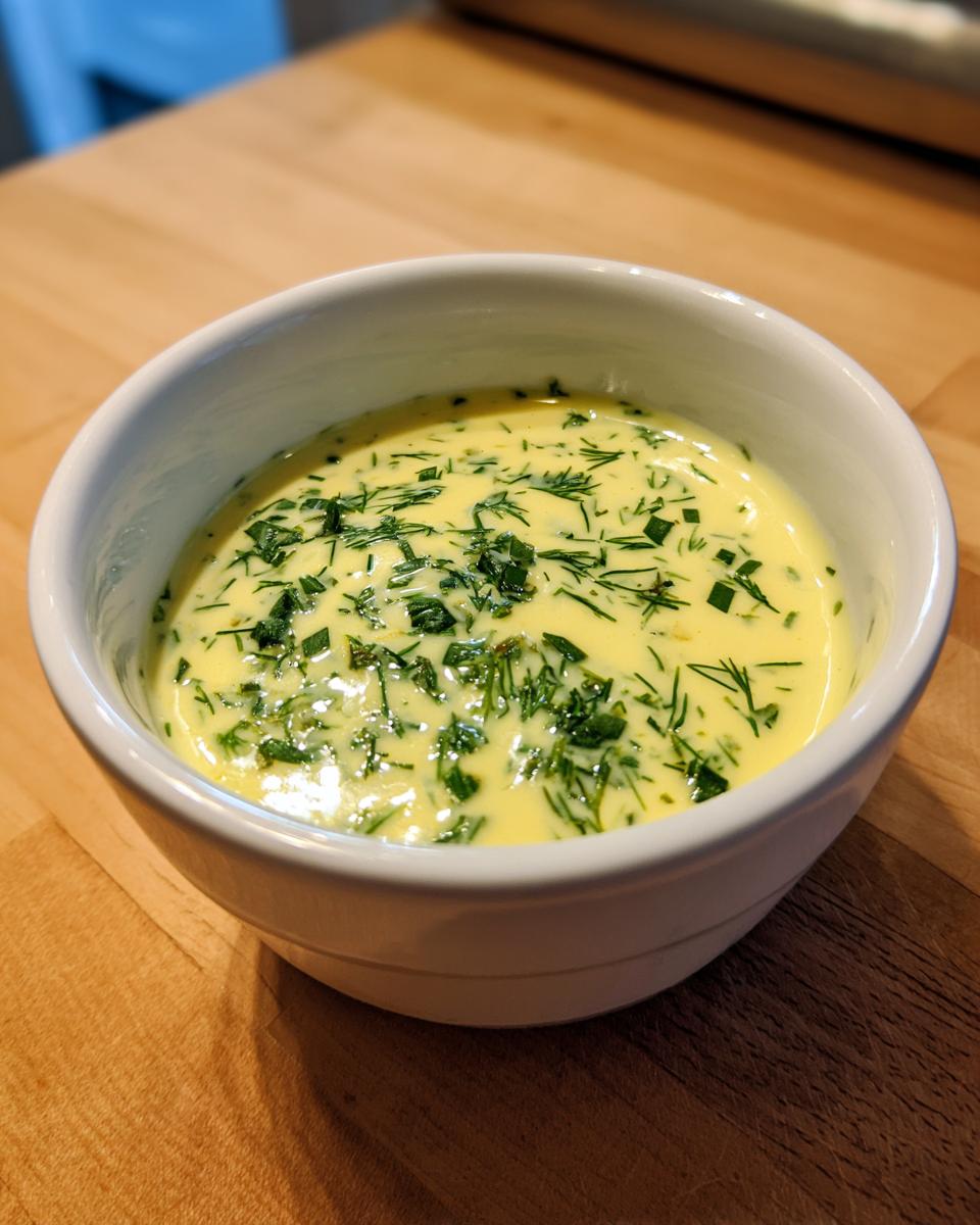 Close-up of a creamy yellow salmon wellington sauce topped generously with chopped green herbs like dill and chives.