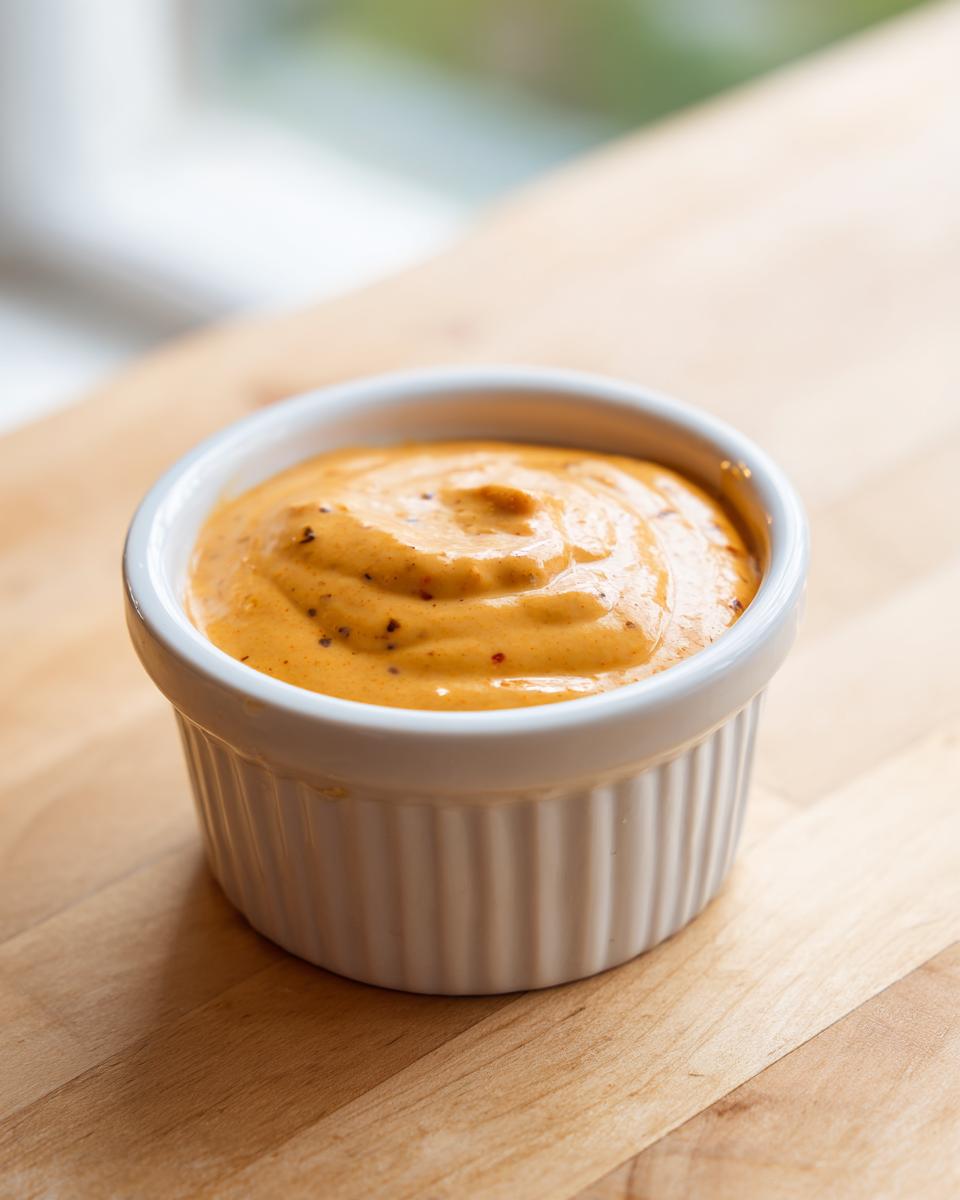 Close-up of a creamy, orange-hued sweet potato fries dipping sauce in a white fluted ramekin.