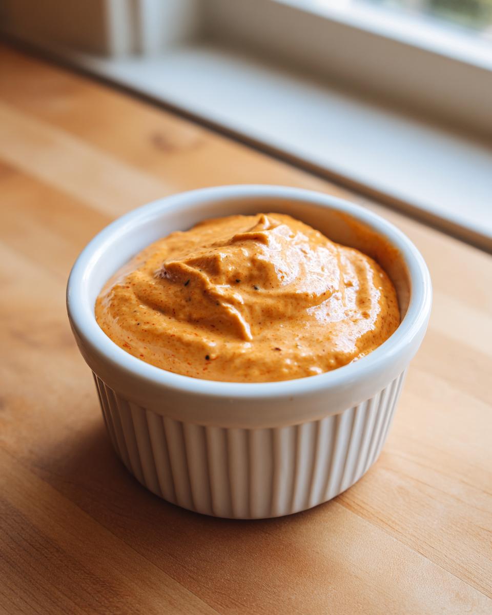 Close-up of a creamy, orange-colored sweet potato fries dipping sauce in a white ribbed ramekin.