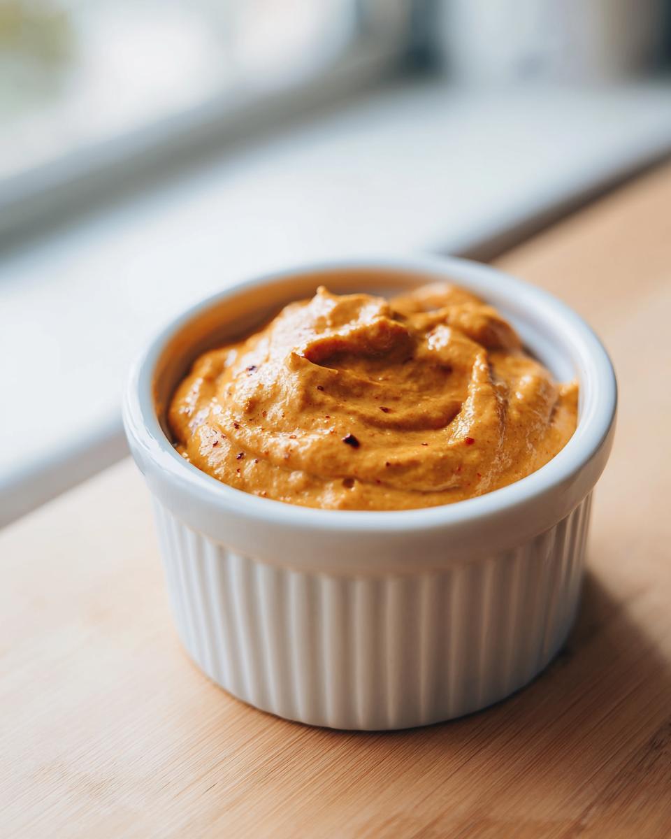 A close-up of a thick, creamy, orange-colored sweet potato fries dipping sauce served in a white fluted ramekin.