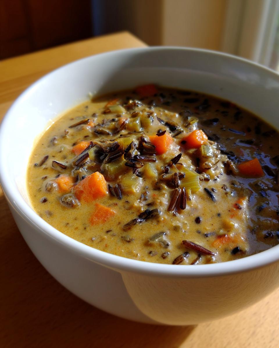 Close-up of a creamy, hearty bowl of wild rice soup with visible chunks of carrots and celery.