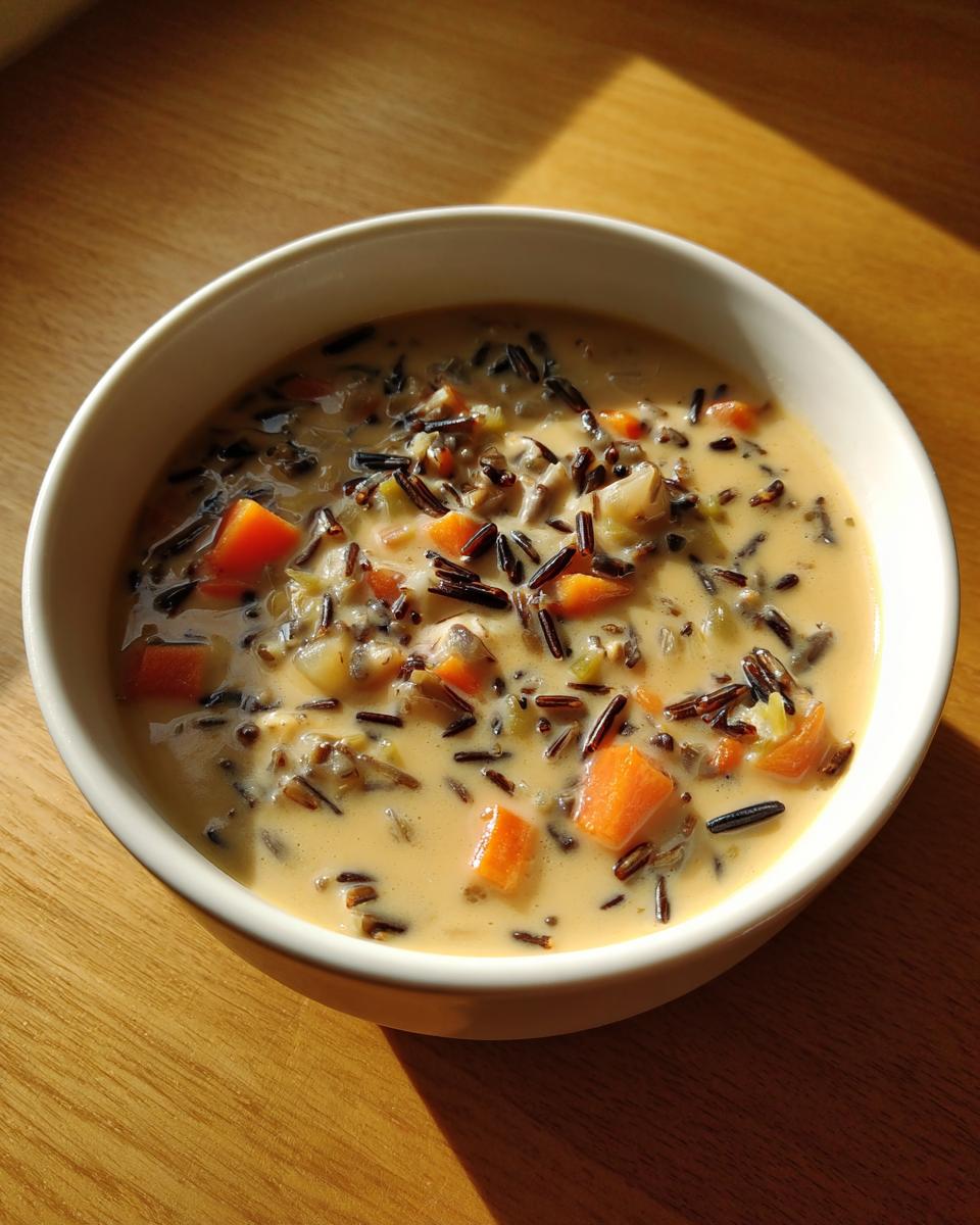 A close-up of a creamy bowl of amazing wild rice soup, featuring dark wild rice grains and bright orange carrots.