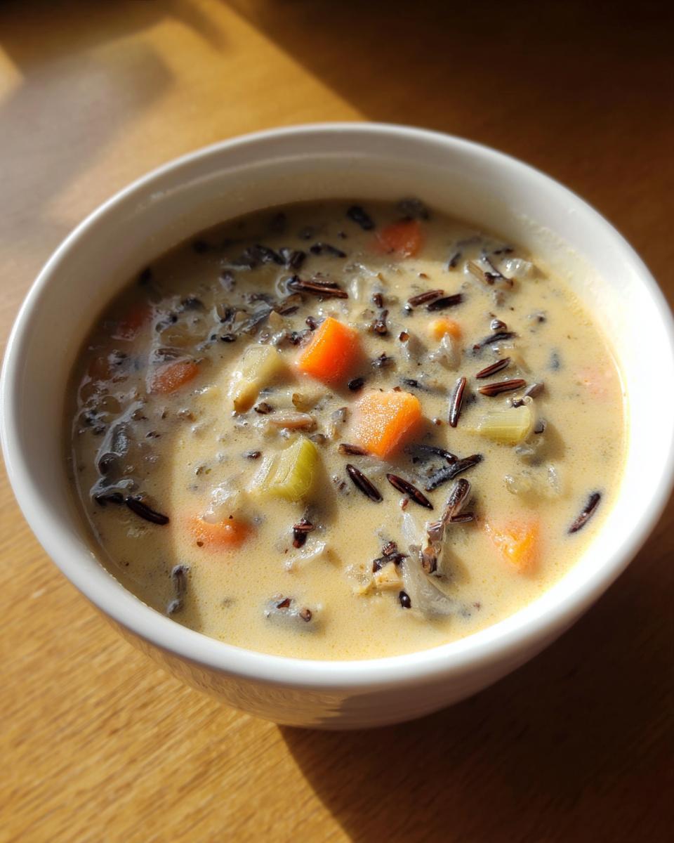 Close-up of a creamy bowl of amazing wild rice soup featuring dark wild rice grains and chunks of orange carrots.