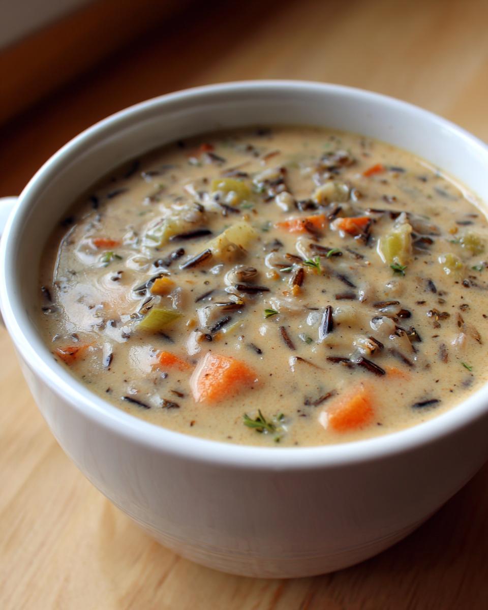 Close-up of a creamy bowl of wild rice soup showing chunks of carrot, celery, and dark wild rice.